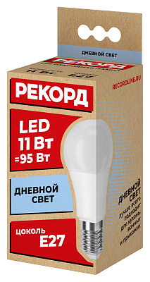 Лампа светодиодная РЕКОРД LED А60 11W Е27 4000К, слайд 1