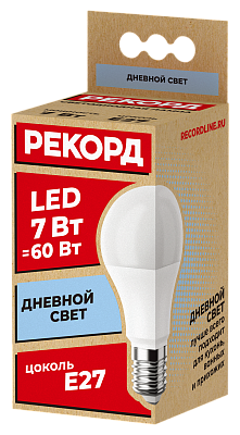 Лампа светодиодная РЕКОРД LED А60  7W Е27 4000К, слайд 1