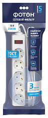 Сетевой фильтр "ФОТОН" SP 10-35ES, 3 м, 5 розеток, 10А, с выкл., с заземл., Белый. Купить сетевые фильтры Фотон оптом