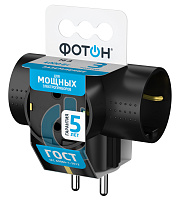 Разветвитель электрический (тройник, Т-обр.) "ФОТОН" АМ 16-3ТЕ, 16А, с заземлением, черный. Купить сетевые разветвители оптом