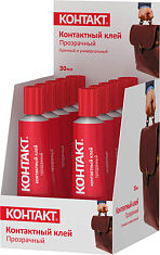 Контактный клей "КОНТАКТ", прозрачный, 30 мл, арт. КК 120 - 030, шоу-бокс. Купить клей оптом по доступной цене.