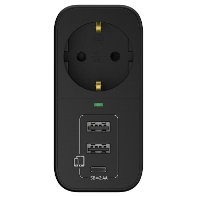 Адаптер сетевой c USB  "ФОТОН" AM 16-1E-USB/A2C1, 16А, с заземл., 2  USB-A + USB-C, 2,4A, черный. Купить сетевые разветвители оптом, слайд 4