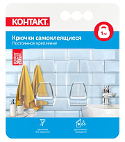 Крючки самоклеящиеся "КОНТАКТ", постоянное крепление,  прозрачные, до 1 кг, пластиковые  ( 2 шт.). Купить самоклеящиеся крючки оптом.