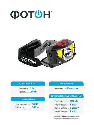 Фонарь налобный аккумуляторный светодиодный "ФОТОН" SА-1600, слайд 3