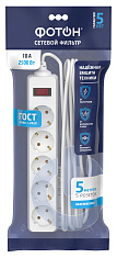 Сетевой фильтр "ФОТОН" SP 10-55ES, 5 м, 5 розеток, 10А, с выкл., с заземл., Белый. Купить сетевые фильтры Фотон оптом