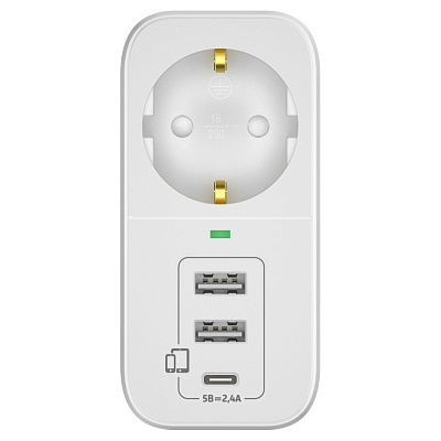 Адаптер сетевой  с USB "ФОТОН" AM 16-1E-USB/A2C1, 16А, с заземл., 2  USB-A + USB-C, 2,4A, белый. Купить сетевые разветвители оптом, слайд 4