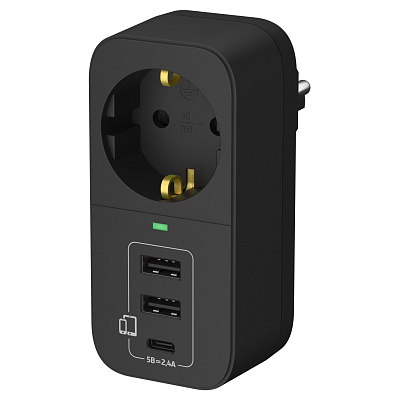 Адаптер сетевой c USB  "ФОТОН" AM 16-1E-USB/A2C1, 16А, с заземл., 2  USB-A + USB-C, 2,4A, черный. Купить сетевые разветвители оптом, слайд 3