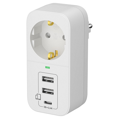 Адаптер сетевой  с USB "ФОТОН" AM 16-1E-USB/A2C1, 16А, с заземл., 2  USB-A + USB-C, 2,4A, белый. Купить сетевые разветвители оптом, слайд 3