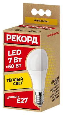 Лампа светодиодная РЕКОРД LED А60  7W Е27 3000К, слайд 1